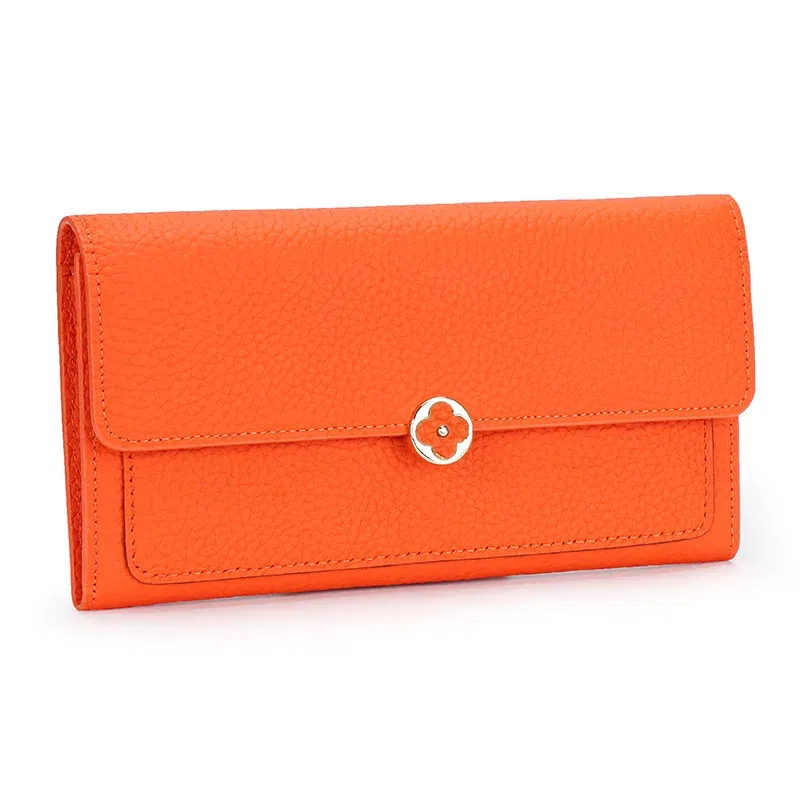 Color: Orange - Women's Wallet 2025 New Full Leather Long Wallet Cross-border First Layer Cowhide Women's Long Clip Leather Clutch Pouch