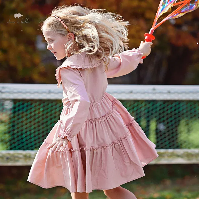 Color: Pink, Kid Size: 15t - Dave Bella Girl's Princess Dress Children 2024 New Spring Comfortable Casual Fashion Pure Cotton Sweet Gentle Pink DK1248025
