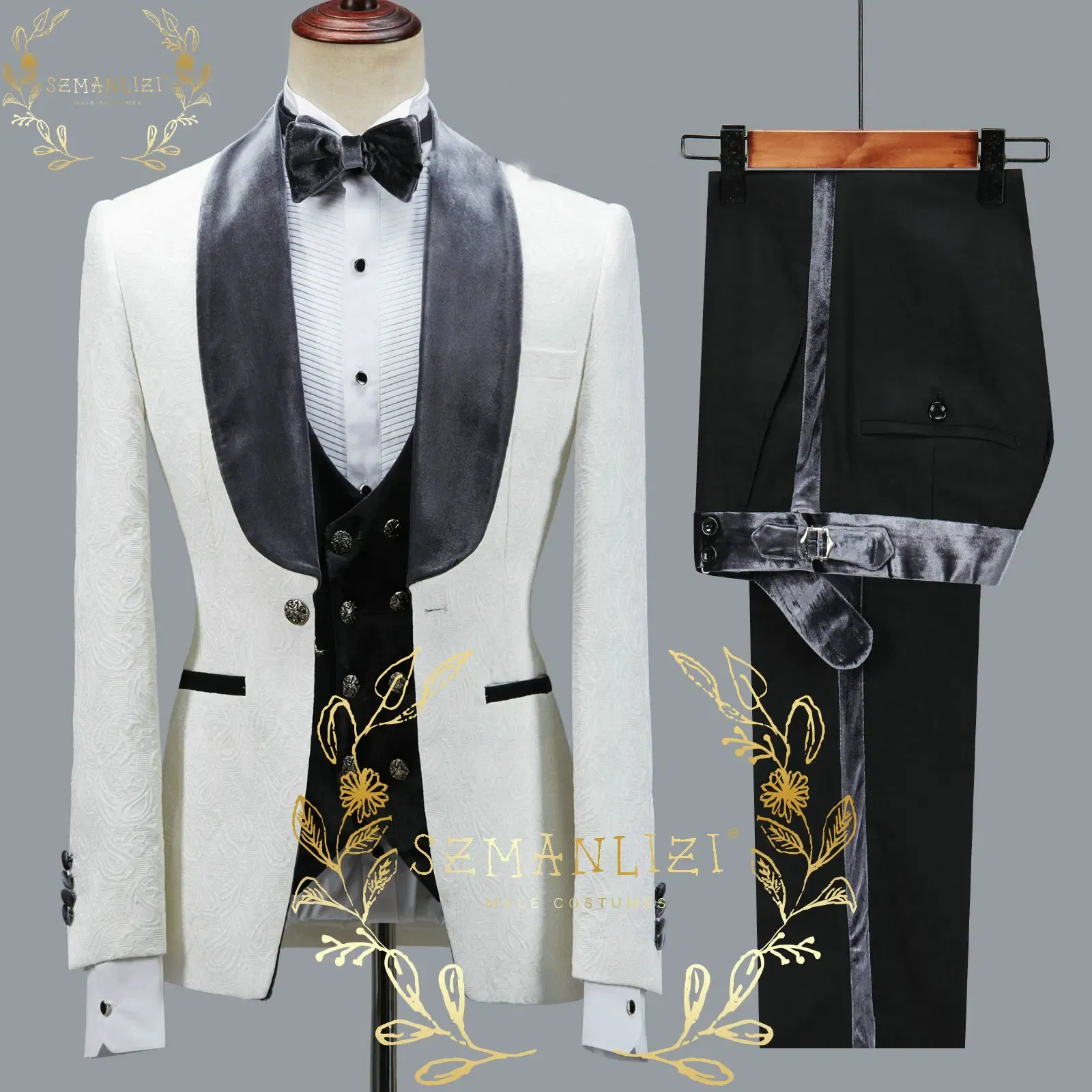 Color: Brown, Size: 5XL - SZMANLIZI 2022 Latest Designs Black Floral Party Blazer Men Suits Costume Homme Groom Tuxedos Wedding Terno Masculino 3 Pieces