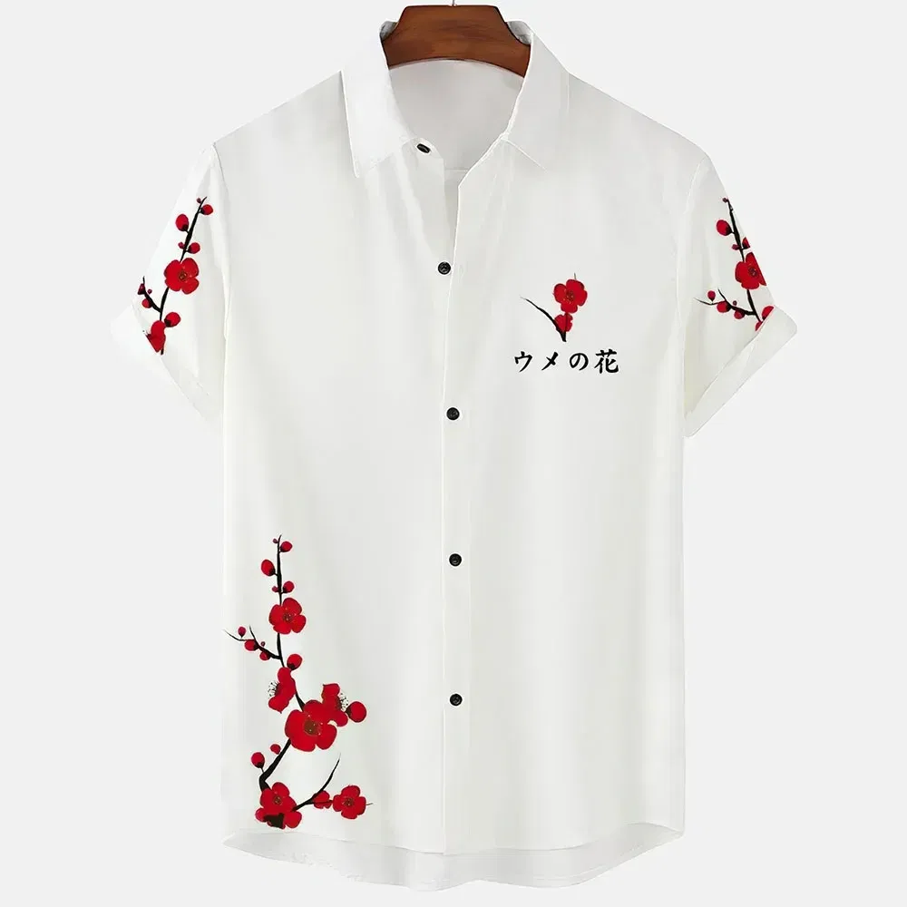 Color: GRAY, Size: 5XL - Fashionable Luxury Social men's Shirt Lapel button-down Shirt Casual Japanese Aesthetic Cherry Blossom Print short-sleeved Tops