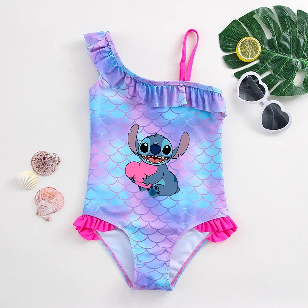 Color: Dark Purple, Size: S - Stitch Girls Swimsuit Fashion Mermaid Fish Scale One-Piece Bathing Suits Children's Dresses Summer Swimwear Beach Suit Kids Wear
