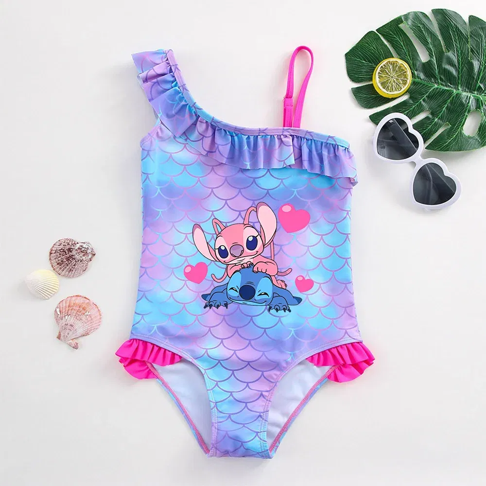 Color: Dark Purple, Size: S - Stitch Girls Swimsuit Fashion Mermaid Fish Scale One-Piece Bathing Suits Children's Dresses Summer Swimwear Beach Suit Kids Wear