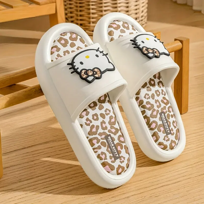 Color: Beige, Shoe Size: 40-41 - Miniso Hello Kitty Cute Leopard Print Slippers Trendy Open-Toe Slide Sandals in Chic Two-Tone Design Comfortable EVA Material