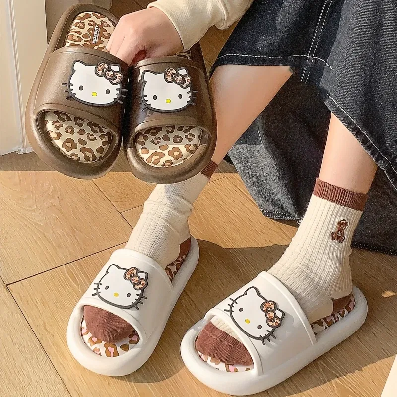 Color: Beige, Shoe Size: 40-41 - Miniso Hello Kitty Cute Leopard Print Slippers Trendy Open-Toe Slide Sandals in Chic Two-Tone Design Comfortable EVA Material