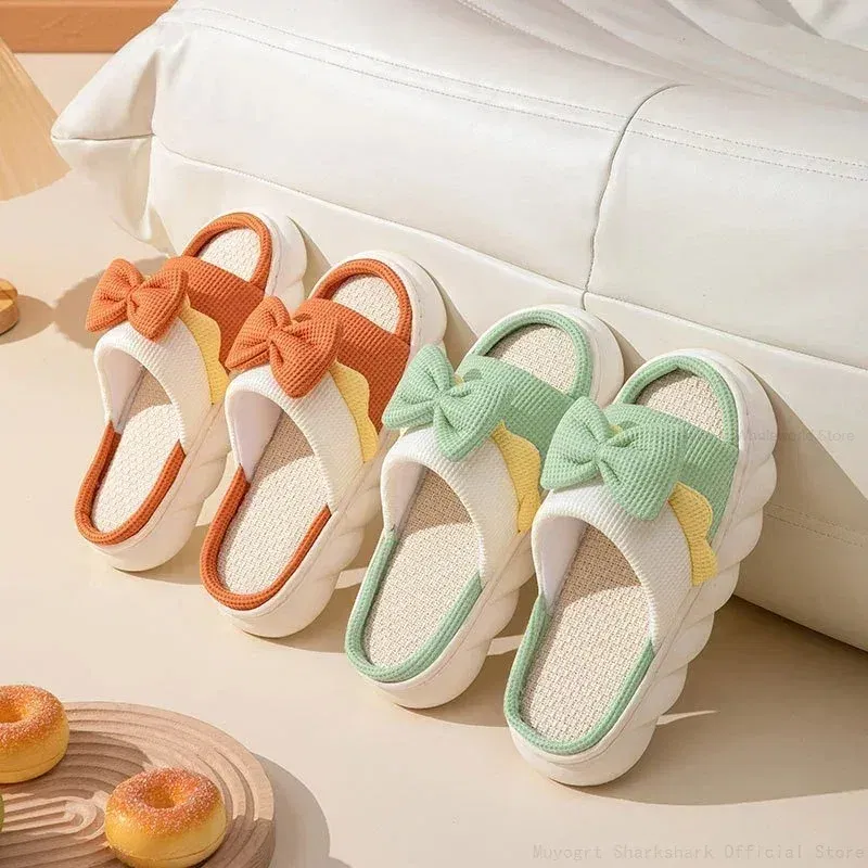 Color: Grape, Shoe Size: 38 - Linen Slippers Women Indoor Slippers Comzy Anti-Slip House Cotton Shoes Cute Bowknot Flat Slipper Couples Slides Spring Summer