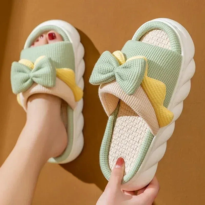Color: Grape, Shoe Size: 38 - Linen Slippers Women Indoor Slippers Comzy Anti-Slip House Cotton Shoes Cute Bowknot Flat Slipper Couples Slides Spring Summer