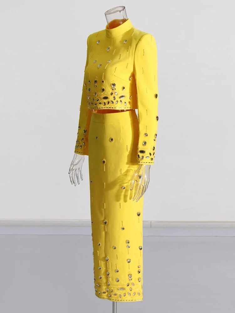 Color: Yellow, Size: XL - Spliced Diamonds Two Piece Set For Women Stand Collar Long Sleeve Tops High Waist Skirt Elegant Chic Set Female Fashion New