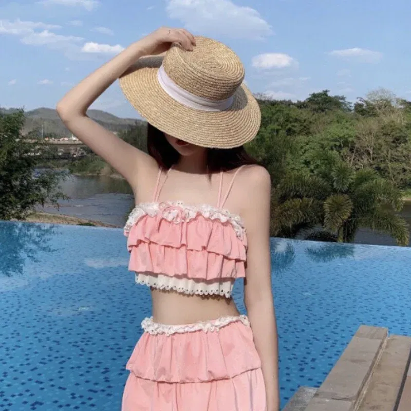 Color: Pink, Size: M - Bikini Sets Women Kawaii Girlish Design Tender Teens Slim Chic Beach Simple Feminino Daily Ruffles Japan Style Cool Sexy