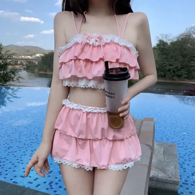 Color: Pink, Size: M - Bikini Sets Women Kawaii Girlish Design Tender Teens Slim Chic Beach Simple Feminino Daily Ruffles Japan Style Cool Sexy