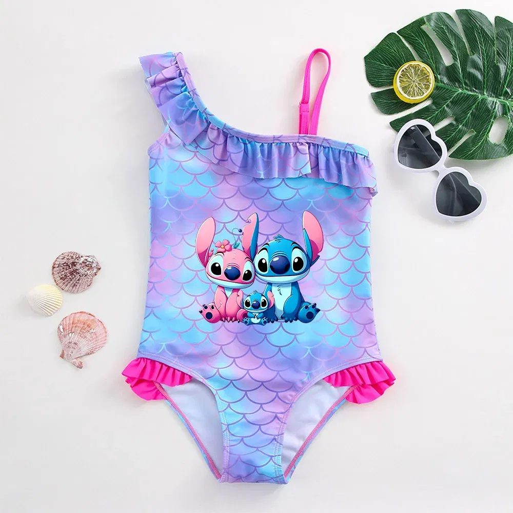 Color: Silver, Size: M - Stitch Girls Swimsuit Fashion Mermaid Fish Scale One-Piece Bathing Suits Children's Dresses Summer Swimwear Beach Suit Kids Wear