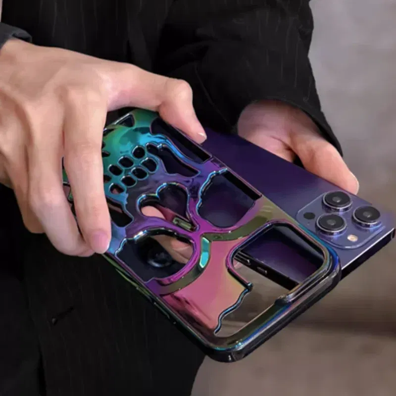Color: Brown, Material: Denim - 3D Skull Ghostface Phone Case for iPhone 14 15 ProMax 11 12 13 Pro Max Plus Fashion Hollow Heat Dissipation Plating Slim Cover