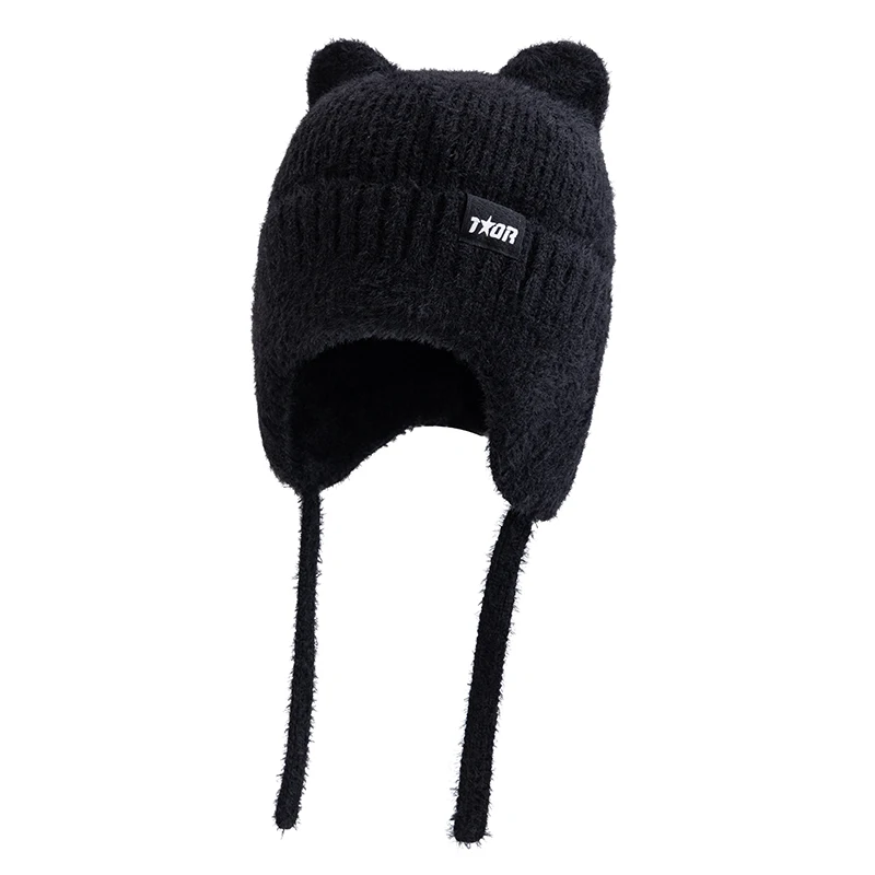 Color: WHITE, Size: One Size - New Women Cute Cat Ear Earflap Winter Hat Fashion Windproof Knitted Hat Kpop Style Soft Beanie Hats Candy Colors Streetwear Cap