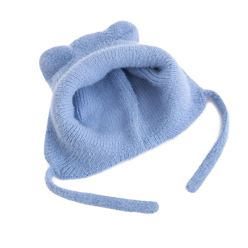 Color: WHITE, Size: One Size - New Women Cute Cat Ear Earflap Winter Hat Fashion Windproof Knitted Hat Kpop Style Soft Beanie Hats Candy Colors Streetwear Cap