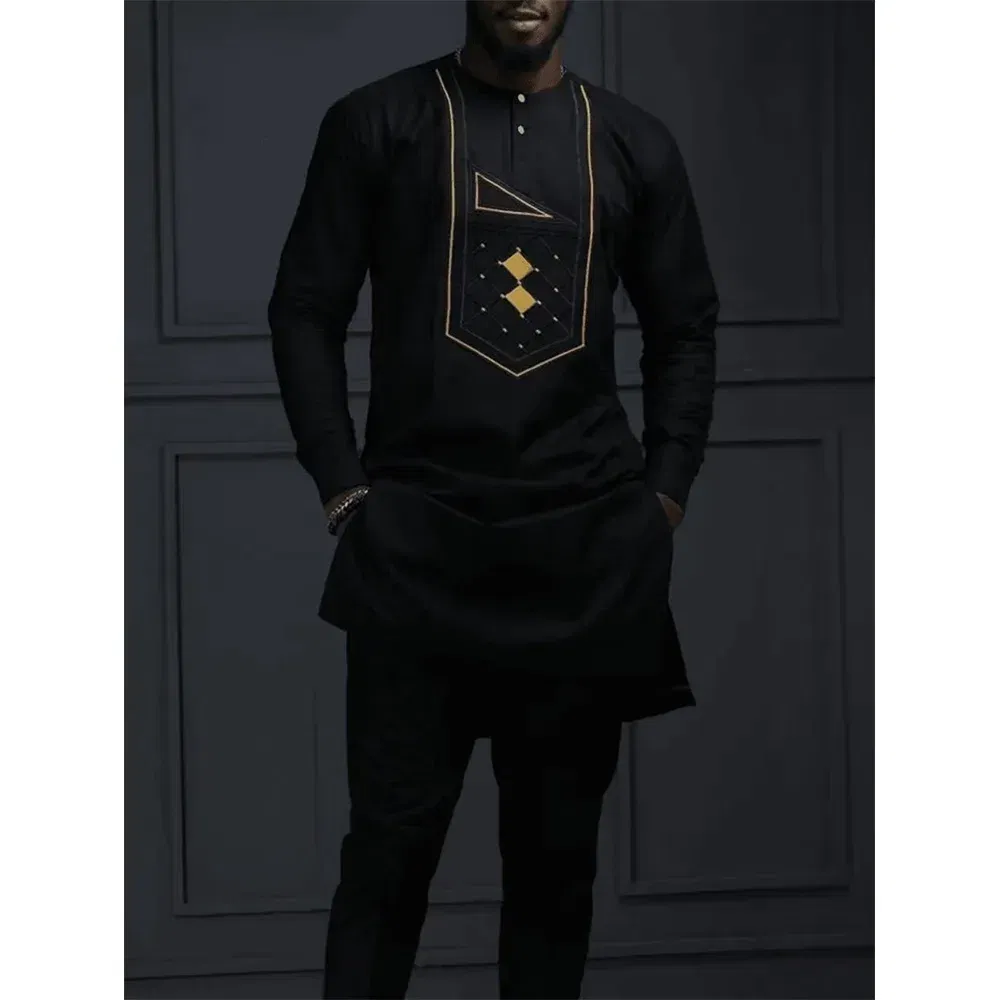 Color: Mint, Size: L - 2024 New African Traditional Men's Set Elegant and Fashionable Men's Suit Casual Embroidery Two Piece Set Men's Suit Kaftan