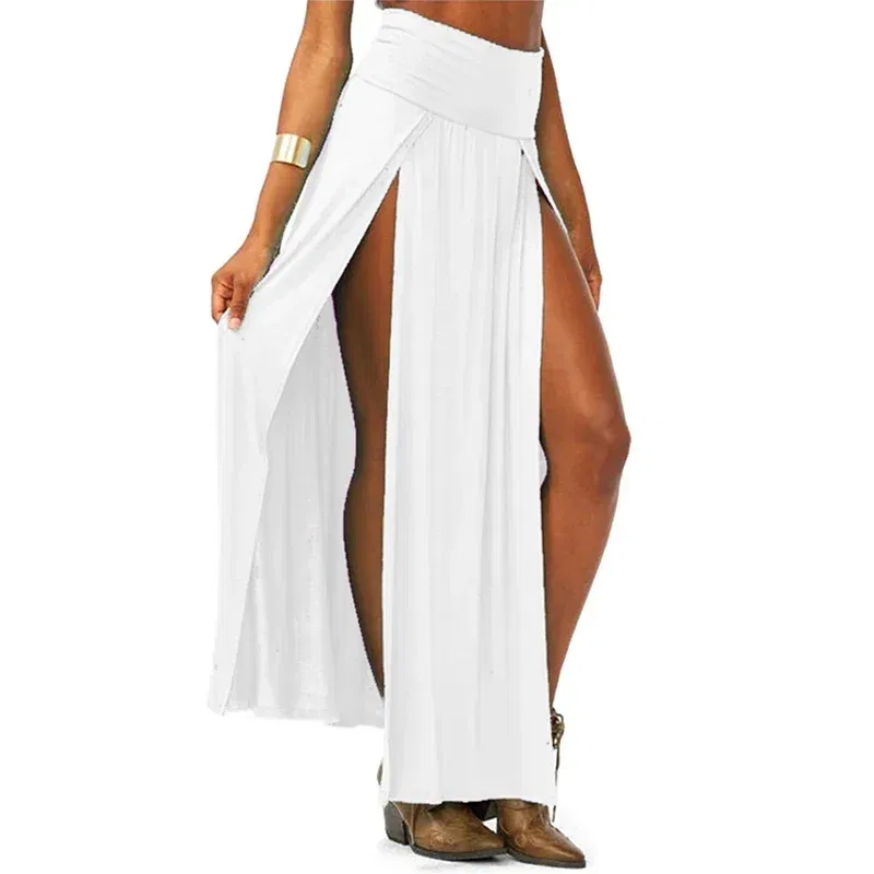 Color: Khaki, Size: One Size - New Arrival High Waisted Sexy Womens Double Slits Summer Solid Long Maxi Skirt Wholesale 51 Valentine's Day Gifts