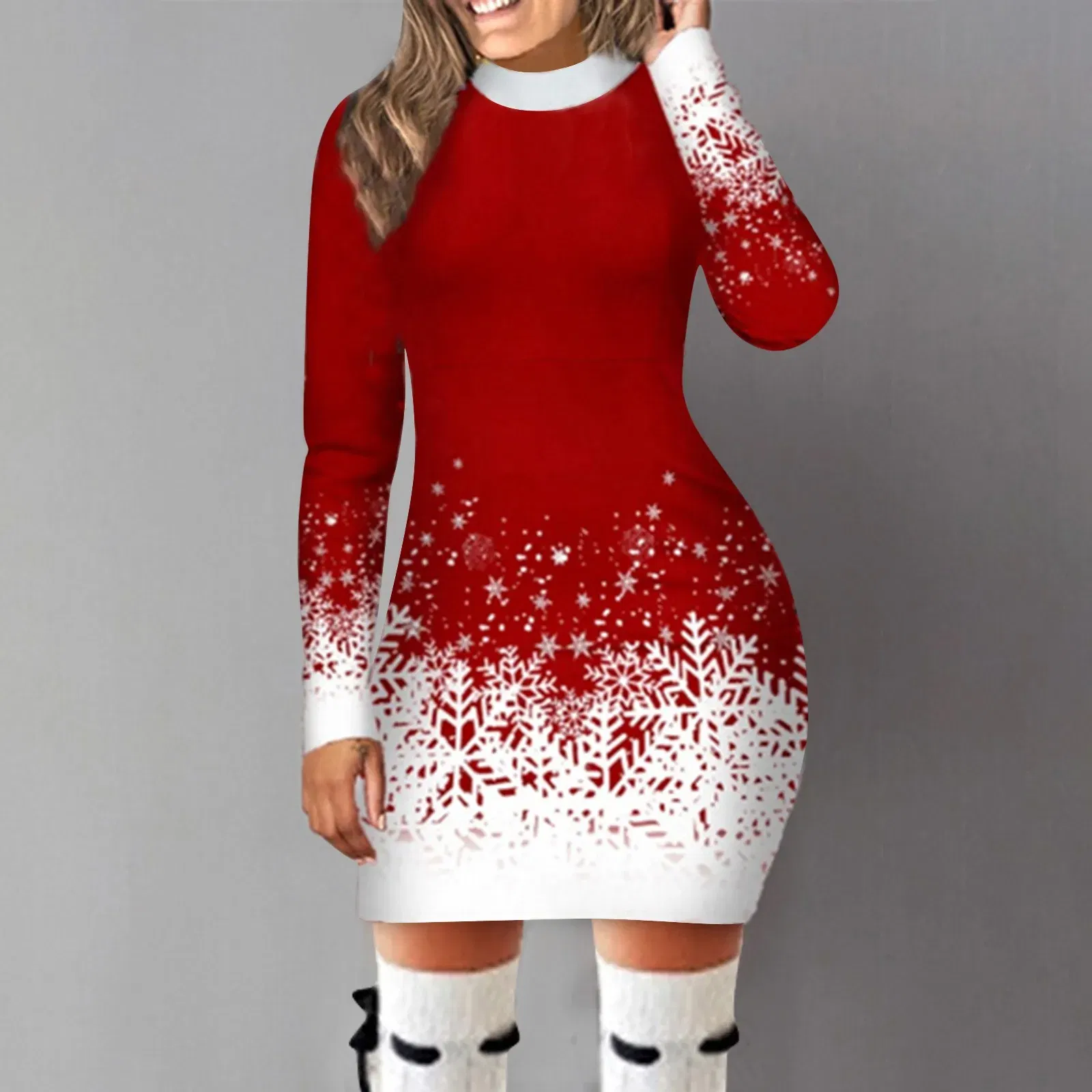 Color: Blue, Size: S, Ships From: CN - Women's Christmas Dress Hip Wrap Slim Fit Autumn Winter 2024 Dresses Round Neck Snowflake Printed Long-sleeved Party Clothes