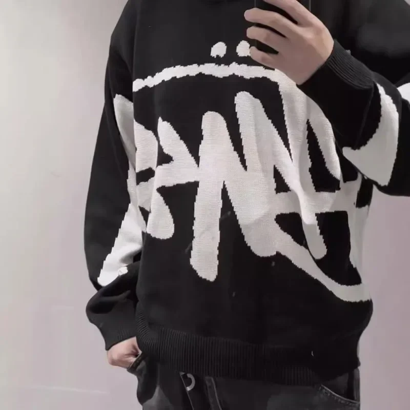 Color: GRAY, Size: One Size - New Winter Women Monogram Jacquard Knitted Crew Neck Sweater Graffiti Pullovers Long Sleeve Jumpers Autumn Women Trendy Clothing