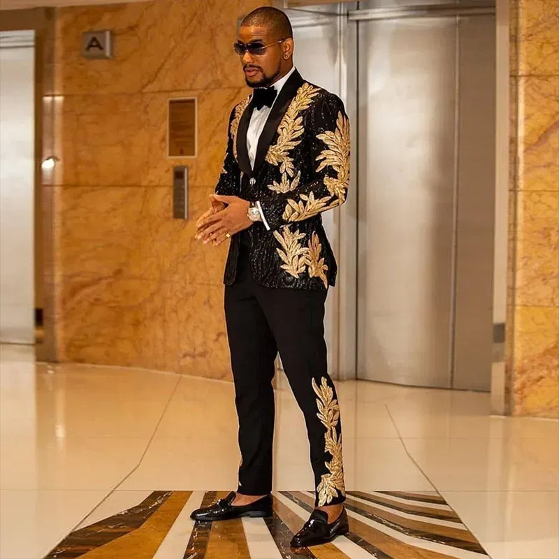 Color: Beige, Size: S - Men's Gold Sequin Applique Fashion Trend Suit Set High-Quality Casual Jacket And Western Pants Two-Piece Ensemble