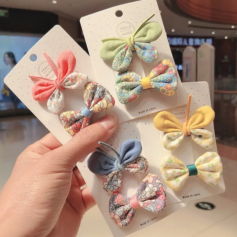 Color: Beige - 2PCS Set Children Girl Bow Butterfly Hair Clip Print Knot Hairpin Korean Princess Fresh Cute Lovely Hair Accessories Headdress