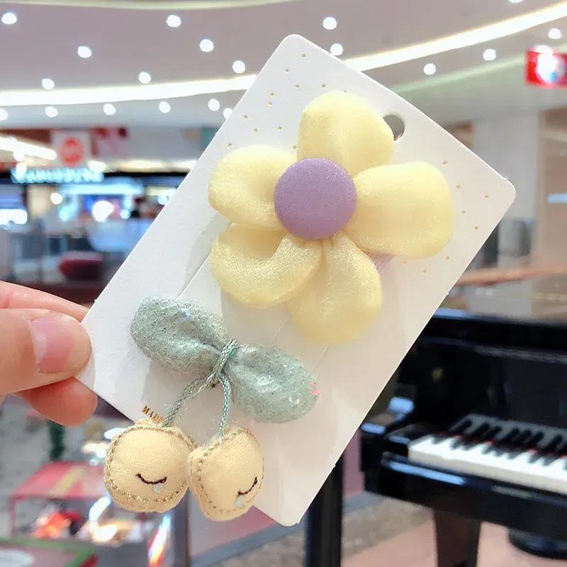Color: Beige - 2PCS Set Children Girl Bow Butterfly Hair Clip Print Knot Hairpin Korean Princess Fresh Cute Lovely Hair Accessories Headdress