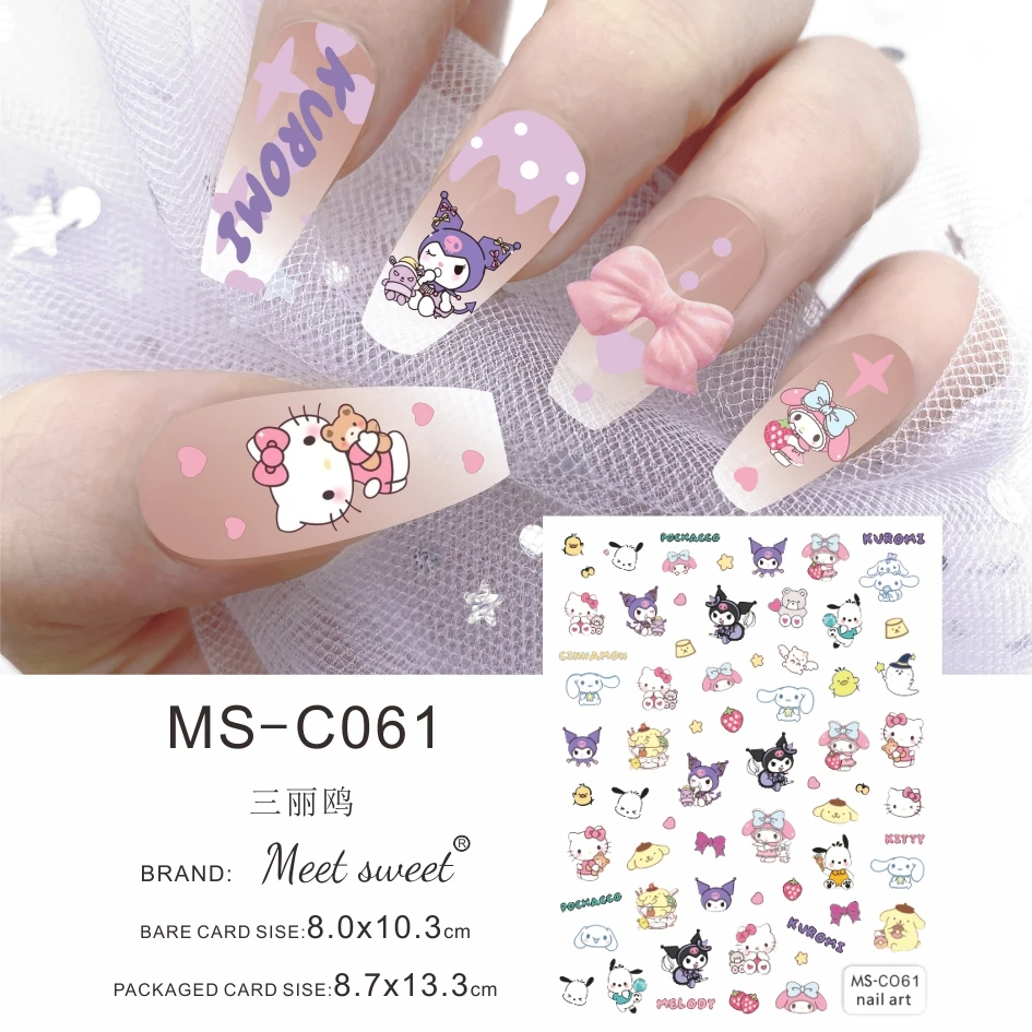 Color: Lanvender - 1PCS 3D Cute Chulomi Melody Hello Kitty Cartoon Stickers For Nails Nail Accessories Mickey Mouse Barbie Princess Nail Stickers