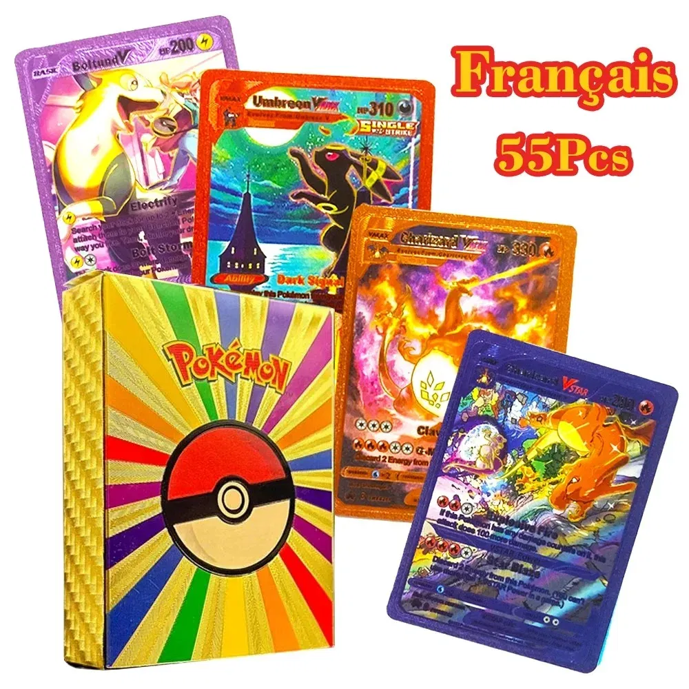 Color: Orange - 55PCS Pokemon Colorful Gold Foil Card Charizard Pikachu Arceus Diamond Rainbow English French German Spanish VSTAR GX VMAX Cards