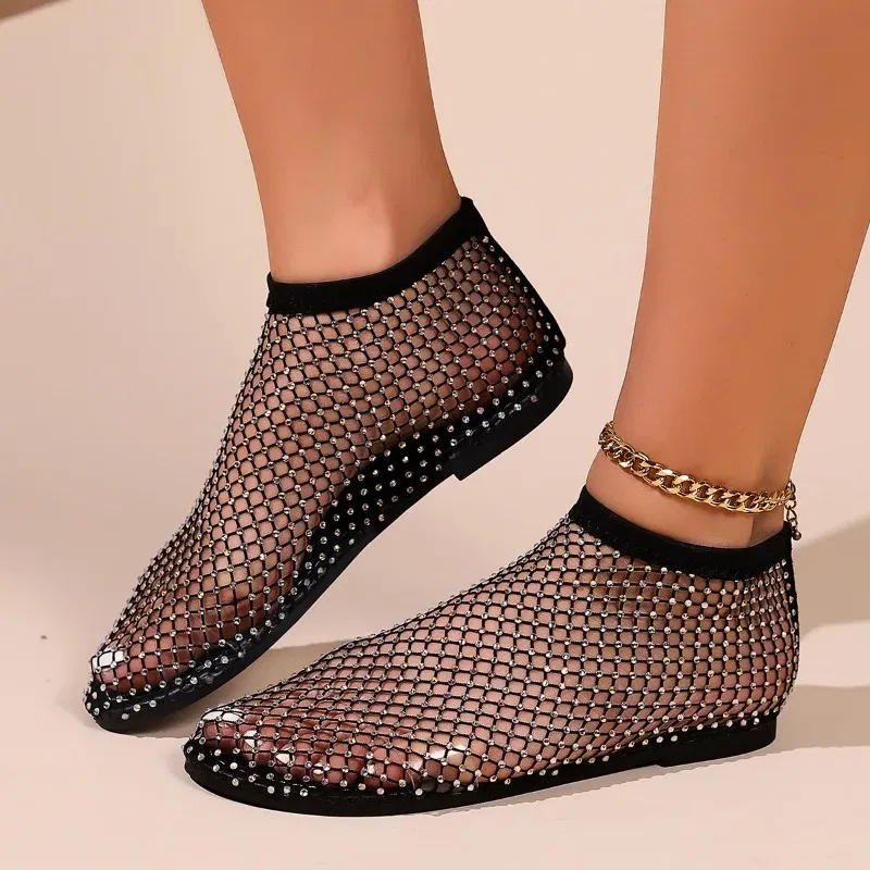 Color: Gold, Shoe Size: 43 - Women Summer New Fashion Mesh Luxurious Rhinestone Designer Simple Solid Color Sandals Daily Versatile Round Toe Womens Sandal