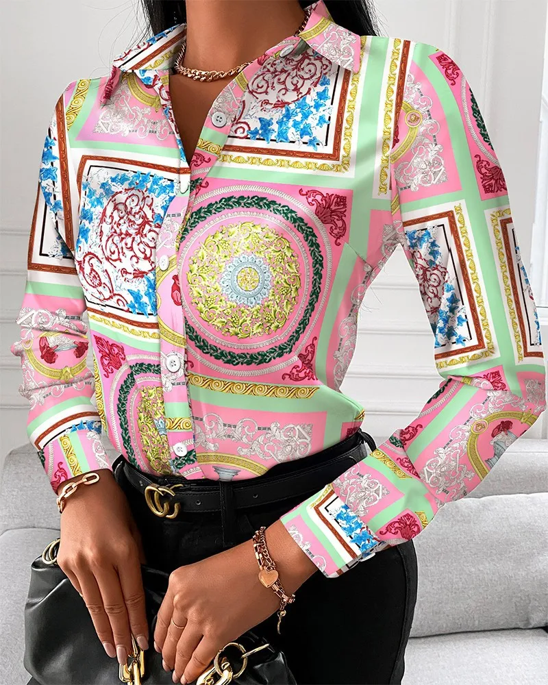 Color: Claret, Size: S - Women Fashion Wild Shirts Chain/Floral/Letter/Geometric Square Print Turn-Down Collar Long Sleeve Blouses