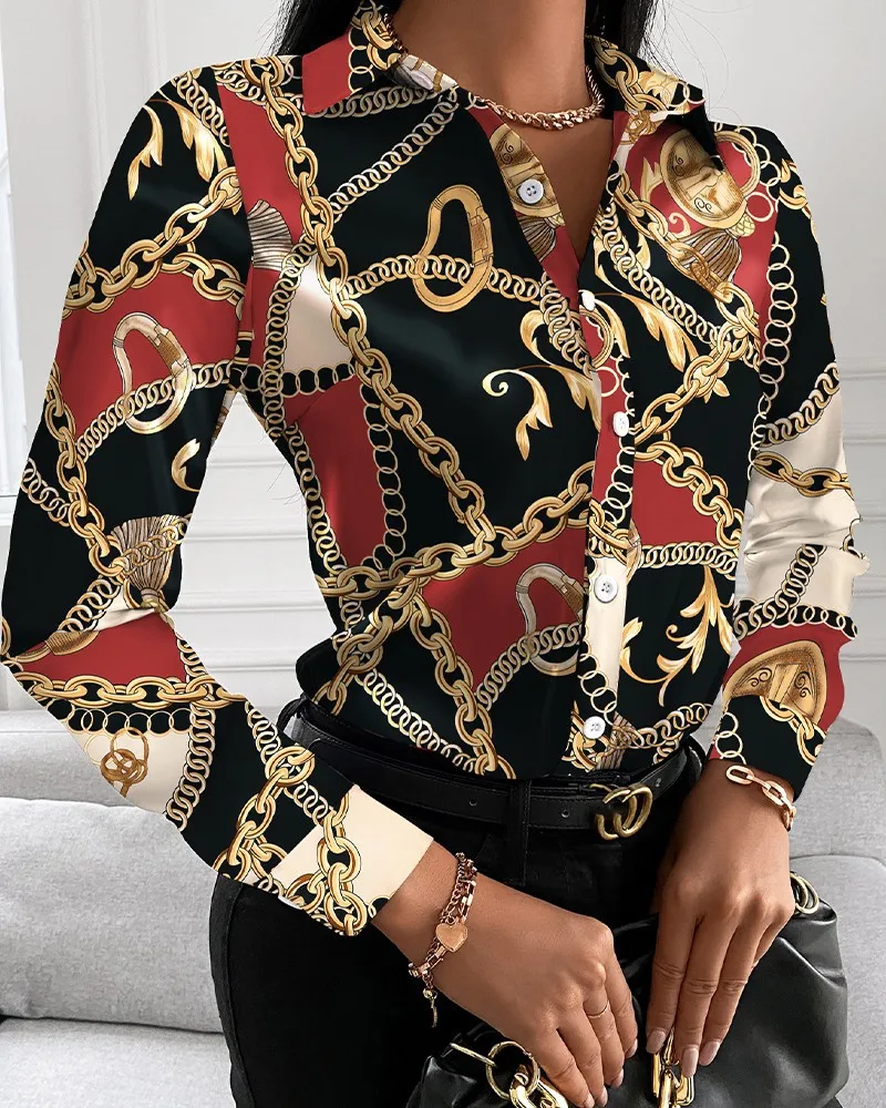 Color: Claret, Size: S - Women Fashion Wild Shirts Chain/Floral/Letter/Geometric Square Print Turn-Down Collar Long Sleeve Blouses