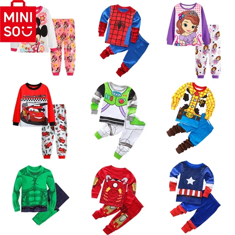Color: SKY BLUE, Kid Size: 6 - MINISO Disney Boys Girls Pajamas Sets Kids Toddler 2 to 3 4 5 6 7 Years Cotton Long Sleeve Spring Fall Children Homewear Pijamas