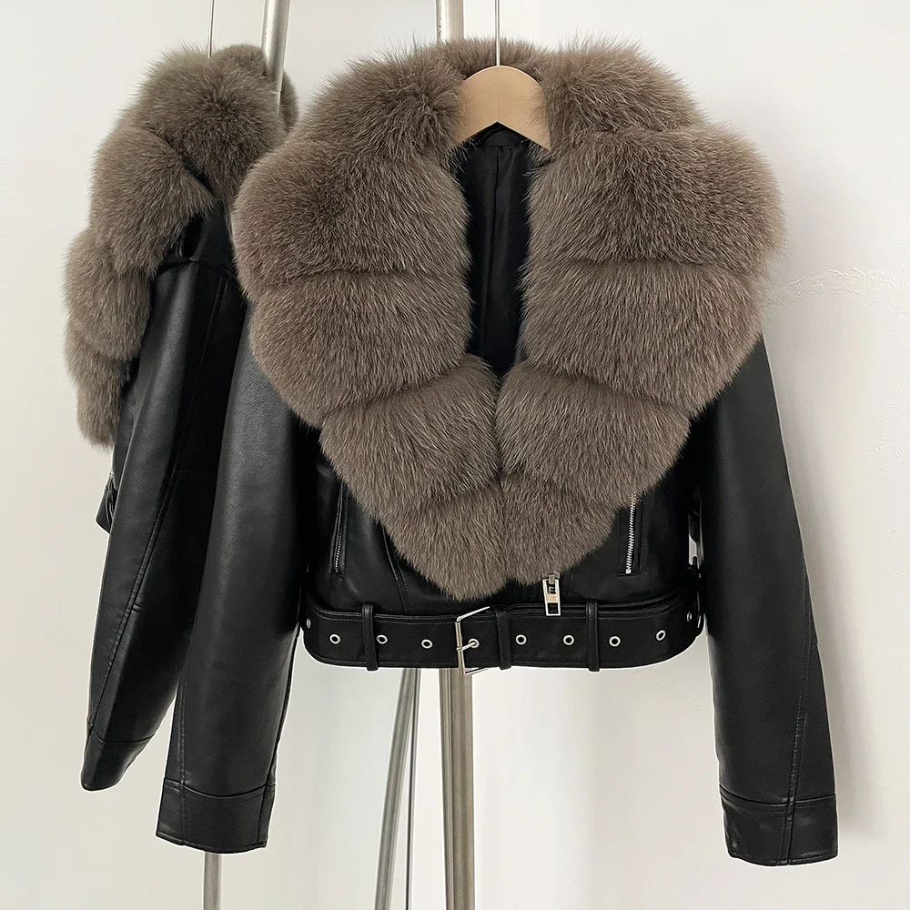 Color: army green, Size: XL - Fake Leather Coat New Natural Fox Fur Autumn Short Faux Leather Jacket Female Spring PU Women Long Sleeve Real Fur Coat Thin