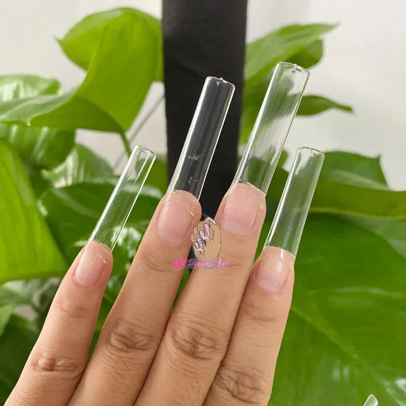 Color: Red - 500pcs Flat Square XXL Long Acrylic Nail Tips Flatter Straight Non C Curve Half Cover False Nails Tip Manicure Tool
