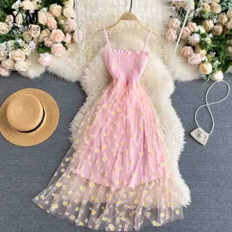 Color: Pink, Size: One Size - YuooMuoo Korean Fashion Daisy Flower Print Mesh Party Dress Summer Two Layers Spaghetti Strap Vacation Midi Dress Beach Vestidos