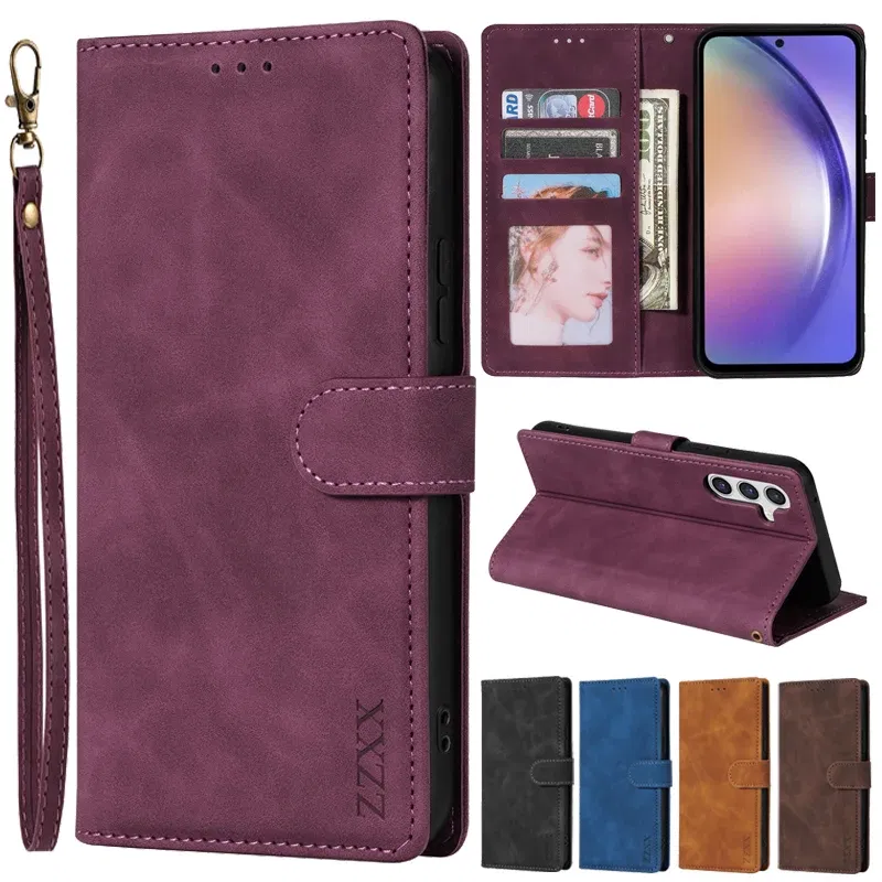 Color: black, Bundle: Case & Strap, Material: Artificial Leather - Wallet Card Slot Holder Magnetic Flip Leather Case For Samsung Galaxy S23 Ultra S22 Plus S21 FE S20 A12 A13 A14 A34 A52 A53 A54