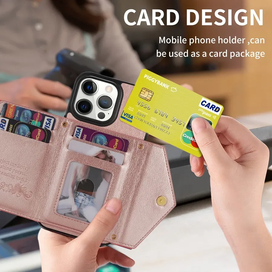 Material: Carbon Fiber, Color: Blue - Wallet Side Card Zipper Flip Crossbody Leather Case For iPhone 15 14 Pro Max 13 Mini 12 11 SE 2022 2020 X XS XR 8 7 6 6s Plus