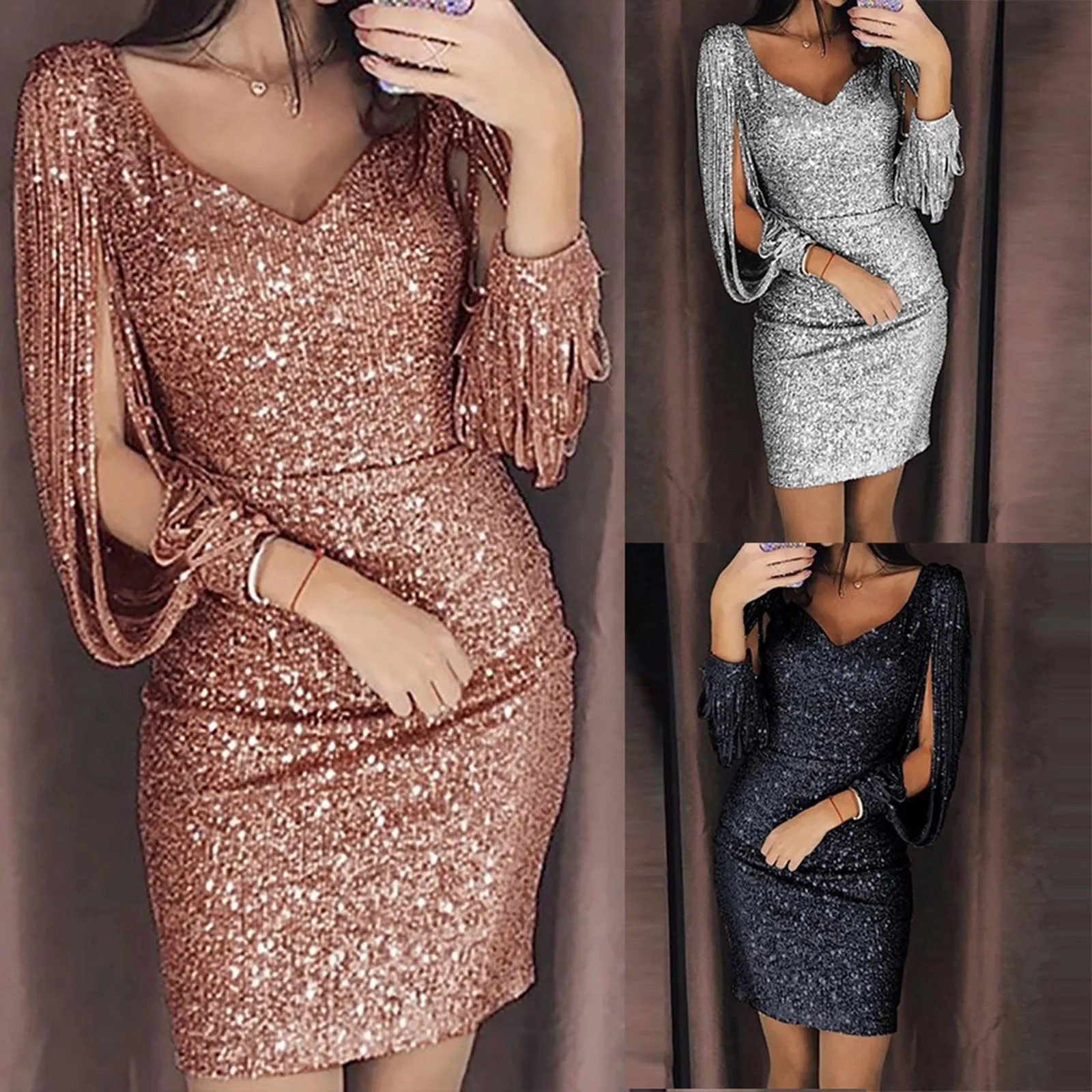 Color: Silver, Size: XL, Ships From: CN - 2024 New Women Sexy Dresses Glitter Sparkly Sequin Tassel Sleeves V Neck Club Mini Skinny Sundress Elegant Ladies Party Dresses