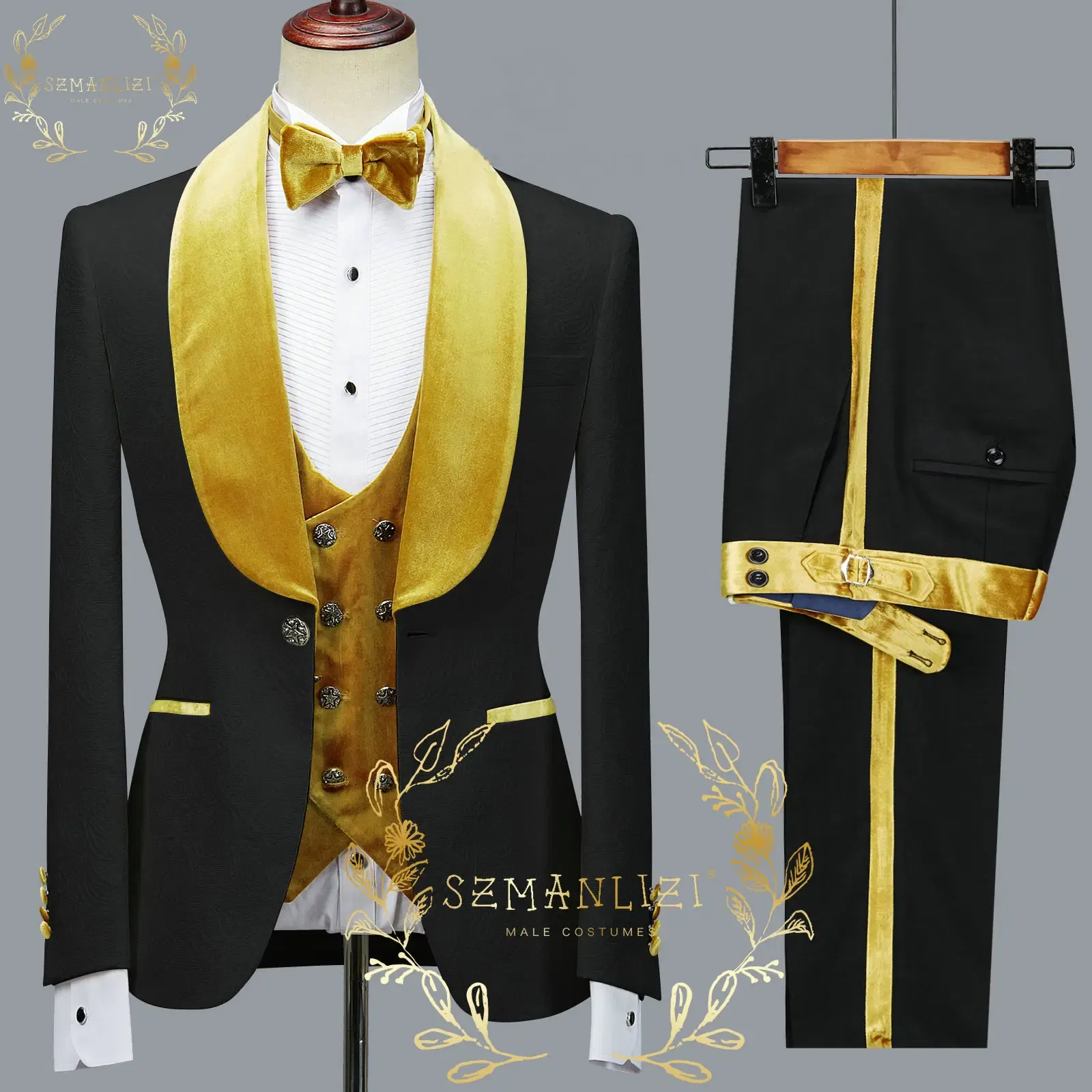 Color: army green, Size: M - SZMANLIZI 2022 Latest Designs Black Floral Party Blazer Men Suits Costume Homme Groom Tuxedos Wedding Terno Masculino 3 Pieces
