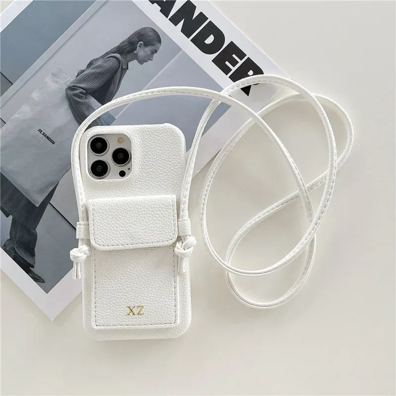 Color: Beige, Material: Plastic - Personalized Gold Silver Letters Leather PU Card Holder Lanyard Hard Case For iPhone 14 13 12 11 15 Pro Max XS XR 16 Plus Cover