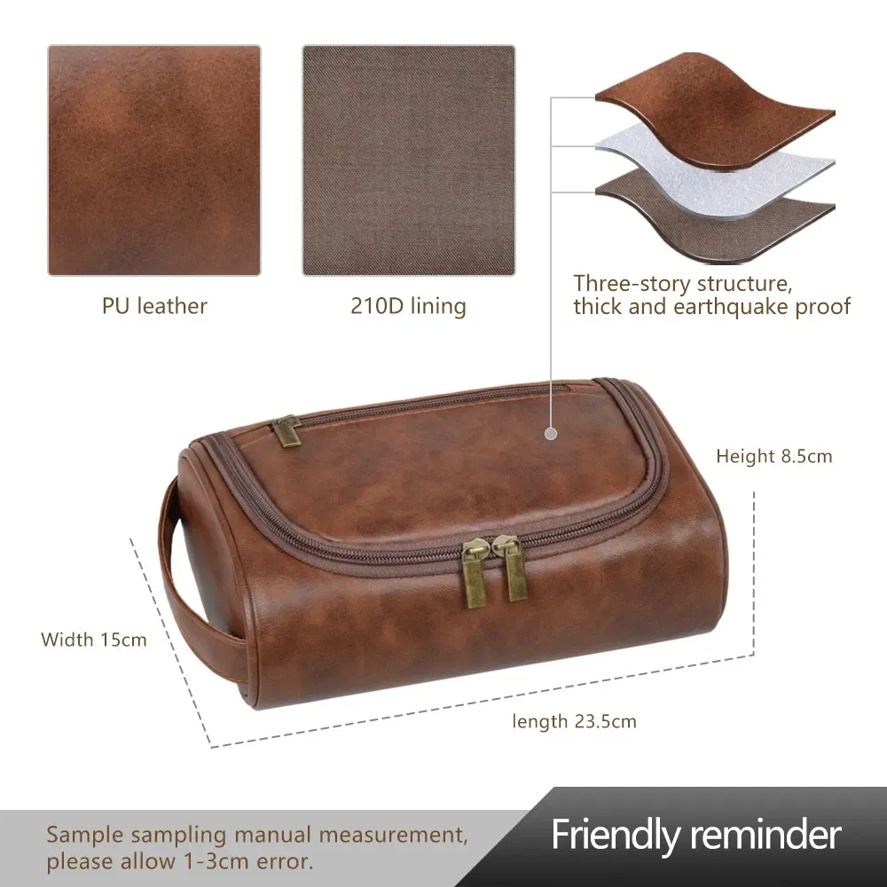 Color: black - High Quality Travel Toiletry Bag For Women Men Retro PU Leather Cosmetic Bags Female Waterproof Travel Makeup Bag