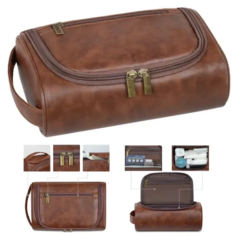 Color: black - High Quality Travel Toiletry Bag For Women Men Retro PU Leather Cosmetic Bags Female Waterproof Travel Makeup Bag