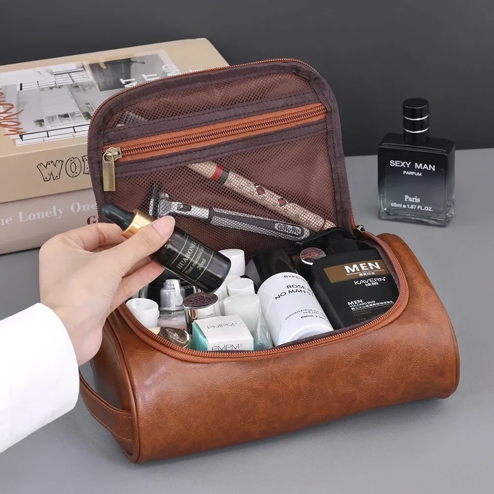 Color: black - High Quality Travel Toiletry Bag For Women Men Retro PU Leather Cosmetic Bags Female Waterproof Travel Makeup Bag