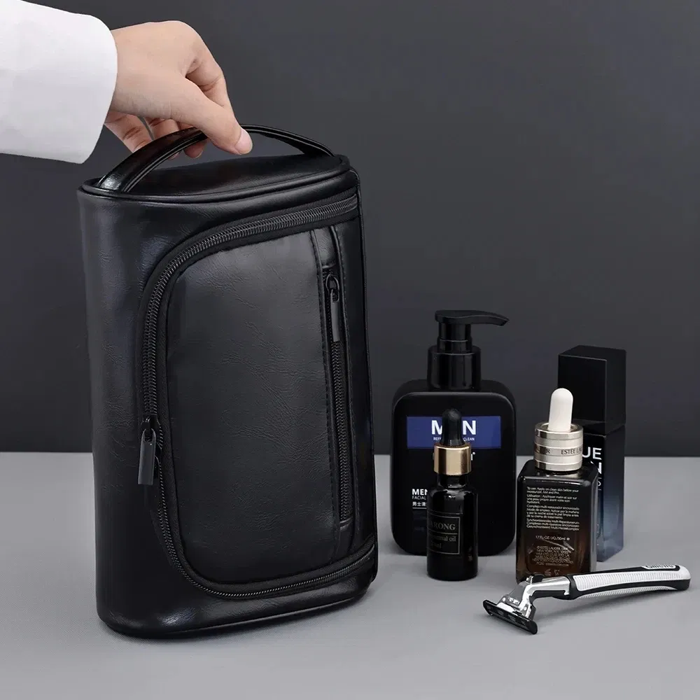 Color: black - High Quality Travel Toiletry Bag For Women Men Retro PU Leather Cosmetic Bags Female Waterproof Travel Makeup Bag