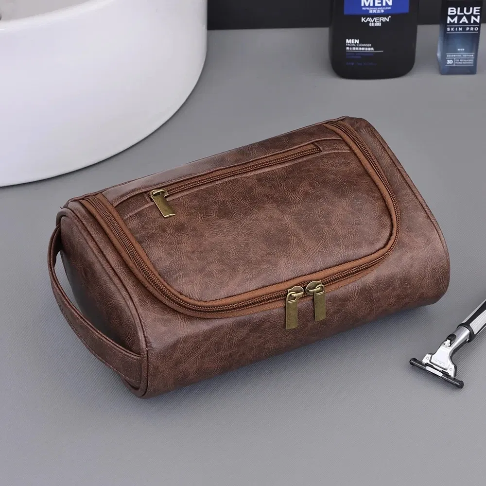 Color: black - High Quality Travel Toiletry Bag For Women Men Retro PU Leather Cosmetic Bags Female Waterproof Travel Makeup Bag