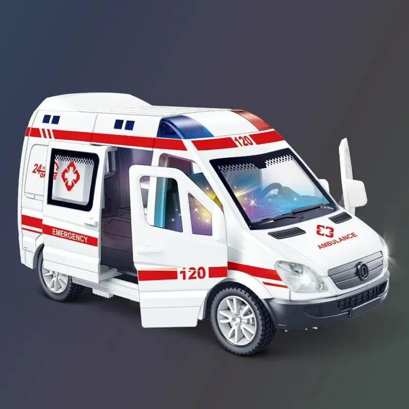 Color: WHITE - 1:32 Mini Car Diecast Ambulance Fire-Truck Policecar Model Sound And Light Vehicle Simulation Collection Gifts Toys Boys