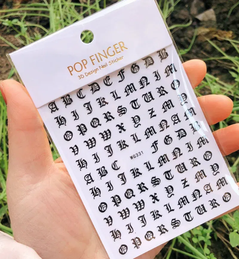 Color: transparent - 1PCS New English Alphabet Nail Stickers Multi-Color Laser Reflective Nail Slider Art Cool Text Nail Kit