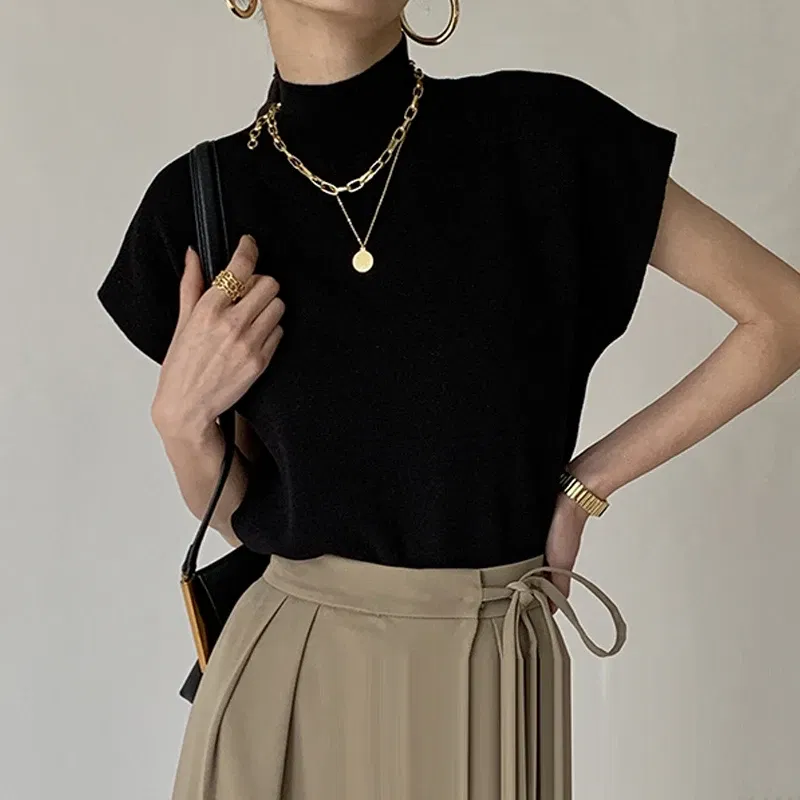 Color: black, Size: One Size - New Short Sleeve Turtleneck Knitted Women Sweater Pullover Casual Knit Sweater Women Tops Blusas Mujer De Moda 2024 Verano J74