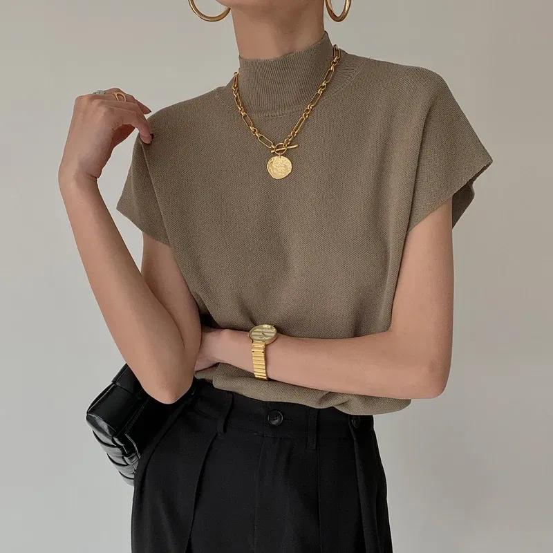 Color: black, Size: One Size - New Short Sleeve Turtleneck Knitted Women Sweater Pullover Casual Knit Sweater Women Tops Blusas Mujer De Moda 2024 Verano J74