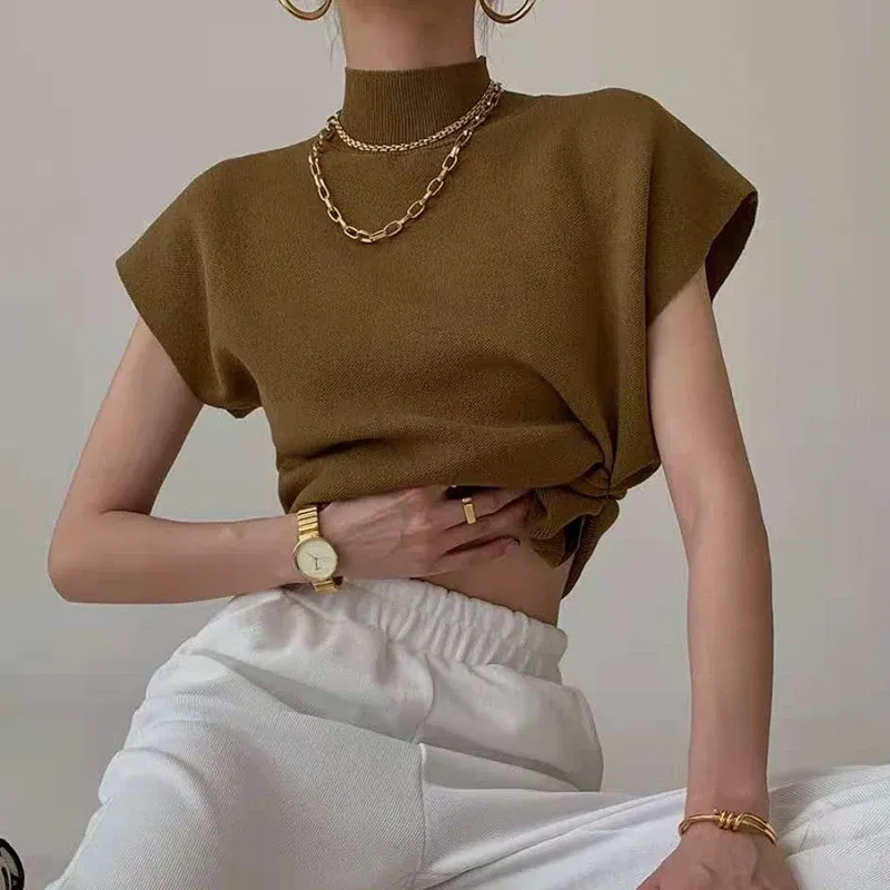 Color: black, Size: One Size - New Short Sleeve Turtleneck Knitted Women Sweater Pullover Casual Knit Sweater Women Tops Blusas Mujer De Moda 2024 Verano J74