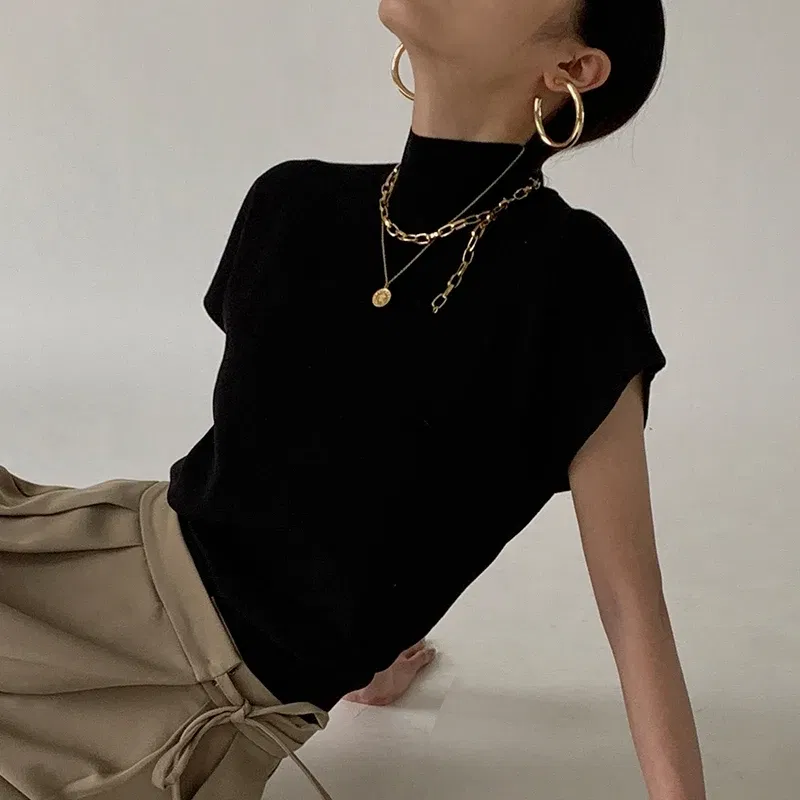 Color: black, Size: One Size - New Short Sleeve Turtleneck Knitted Women Sweater Pullover Casual Knit Sweater Women Tops Blusas Mujer De Moda 2024 Verano J74