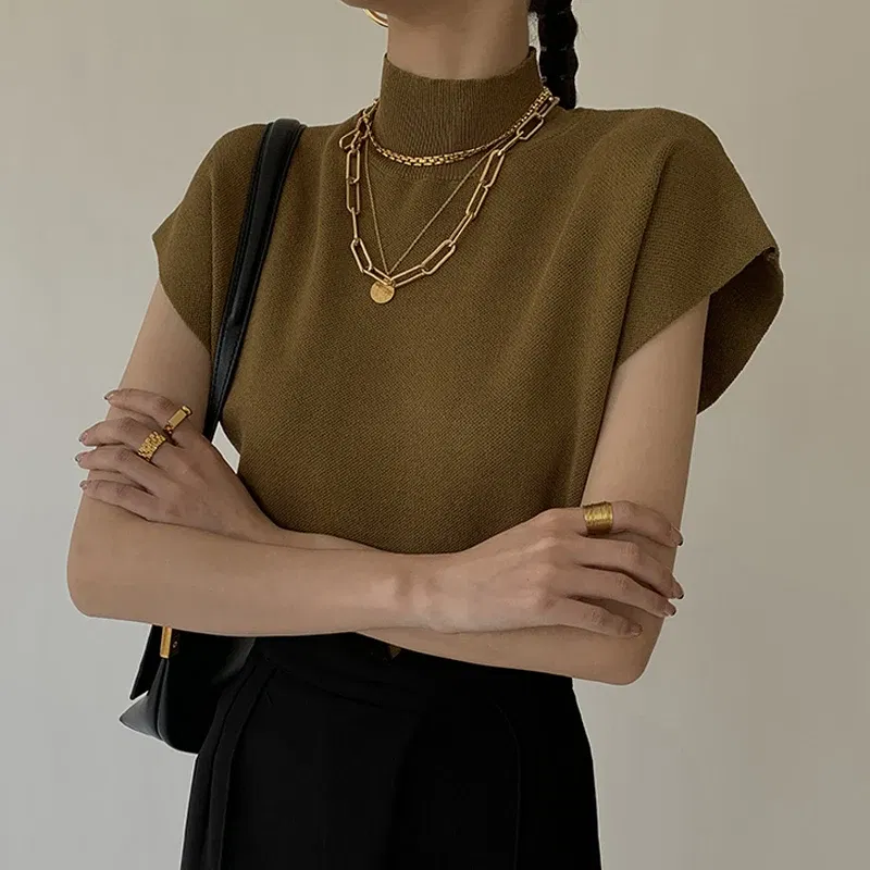 Color: black, Size: One Size - New Short Sleeve Turtleneck Knitted Women Sweater Pullover Casual Knit Sweater Women Tops Blusas Mujer De Moda 2024 Verano J74
